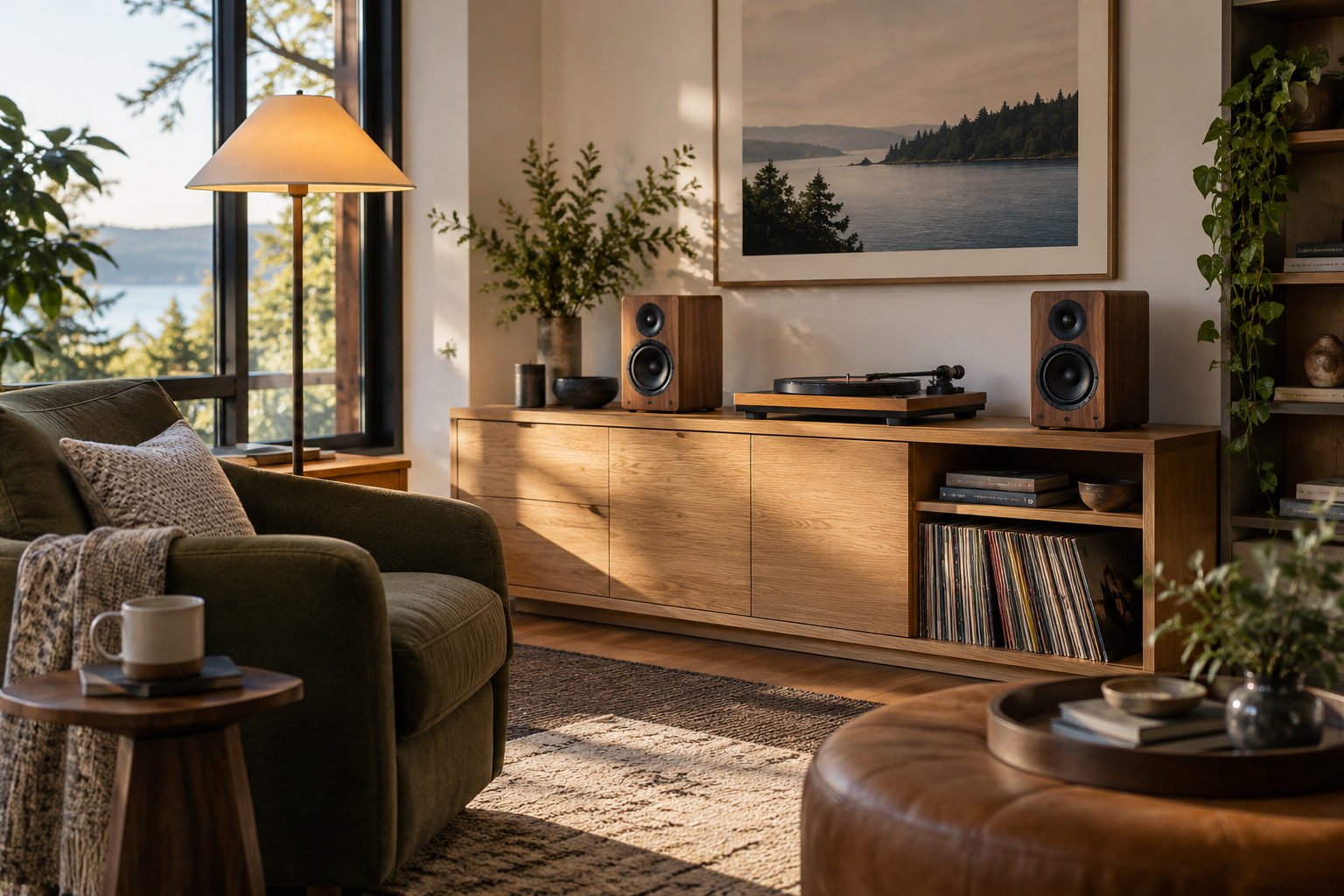 Concept of walnut bookshelf speakers and a turntable in a cozy reading room