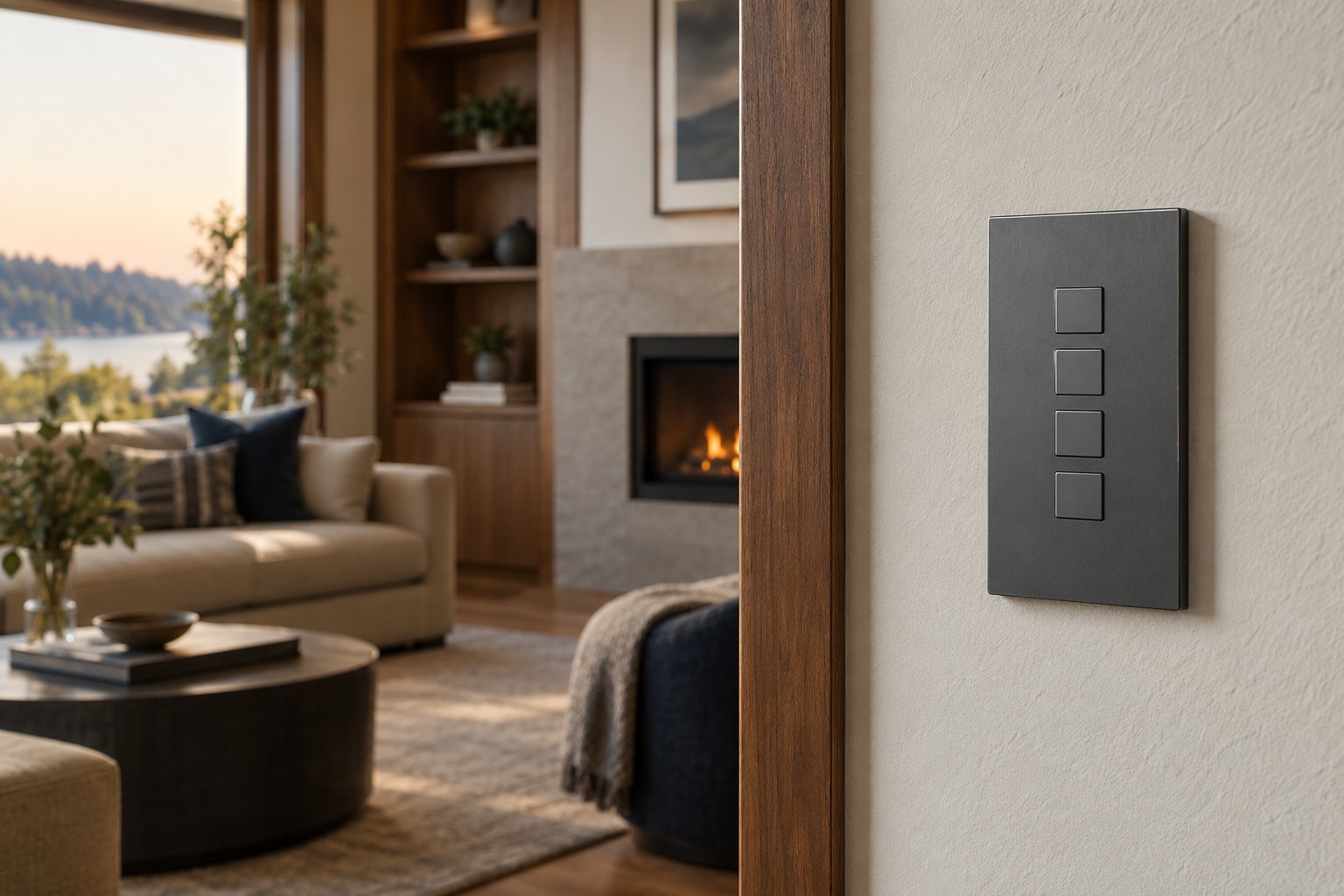 Concept of a simple physical wall keypad on plaster beside a walnut-trimmed living room