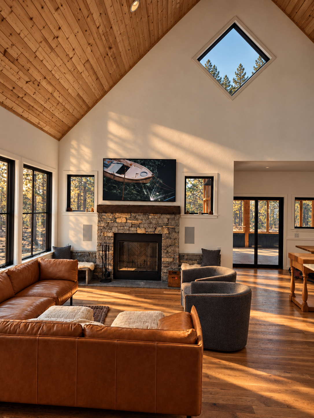 HES Leavenworth installation with a screen and flush speakers around a stone fireplace