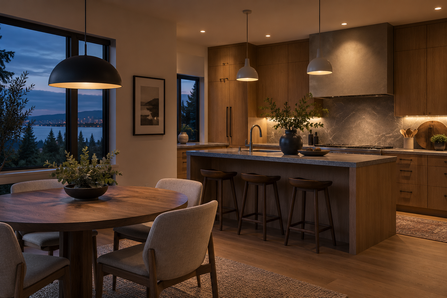 Concept of layered dimmed lighting in a warm oak kitchen and dining corner at dusk