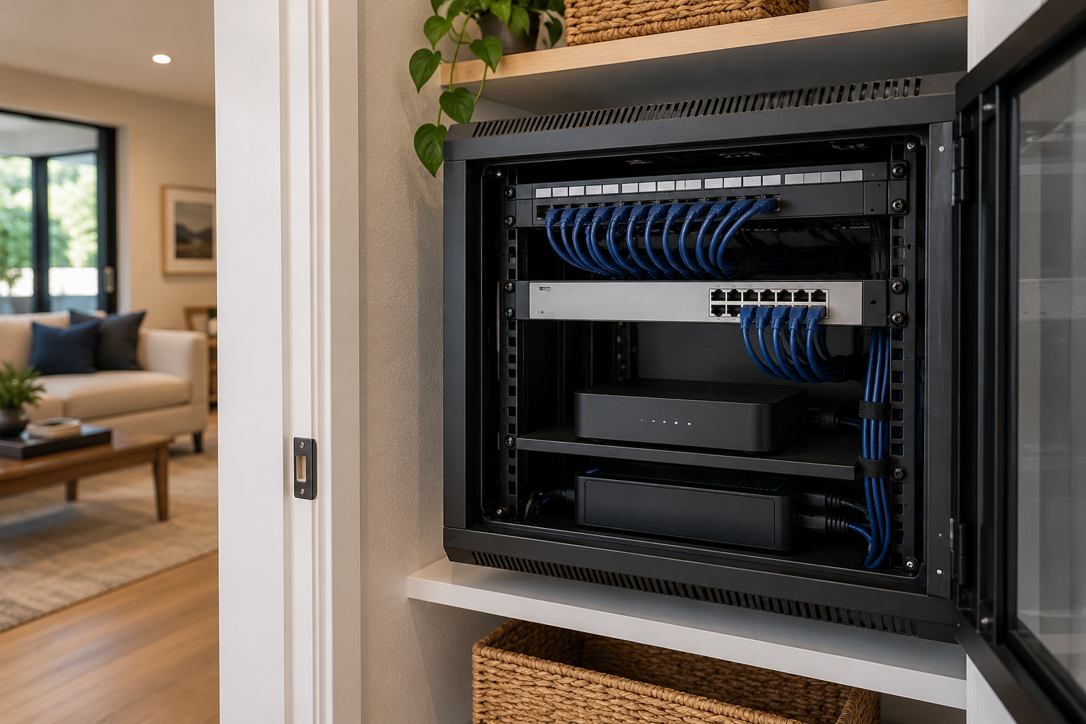 Concept of a neatly organized residential network cabinet with a switch and patch panel