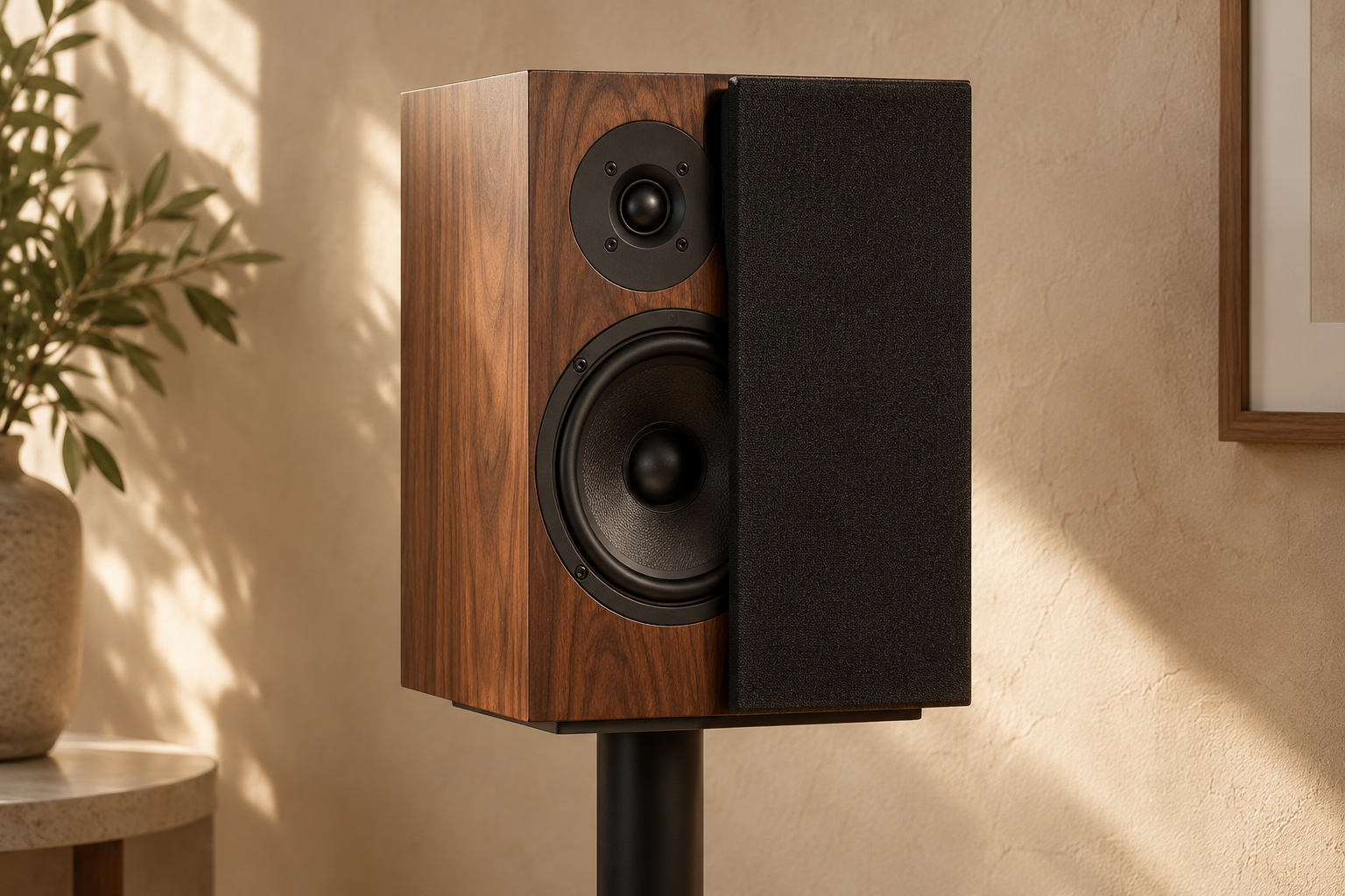 Illustrative unbranded walnut loudspeaker with a black woven grille