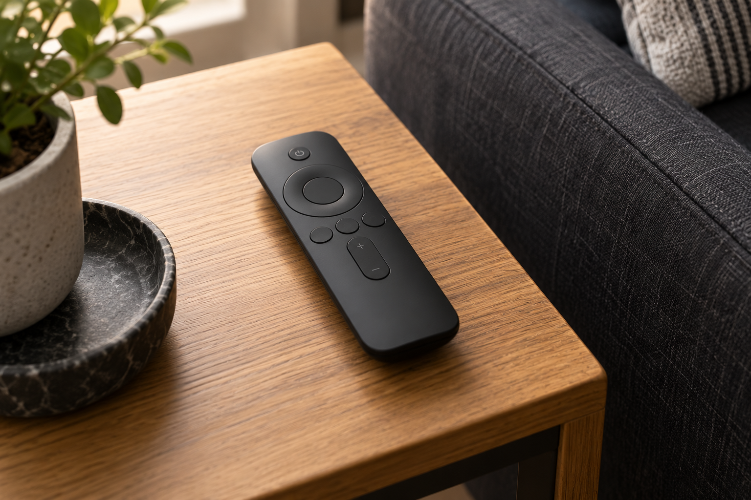 Illustrative unbranded physical AV remote on an oak table