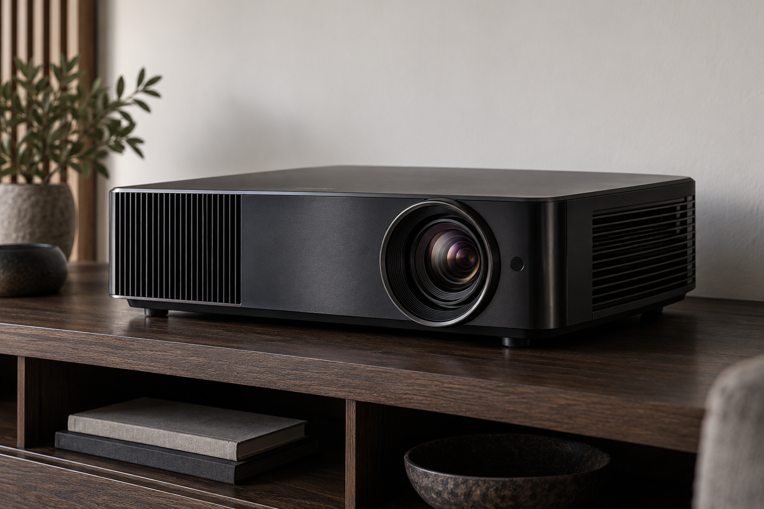 Illustrative unbranded projector on an oak equipment shelf