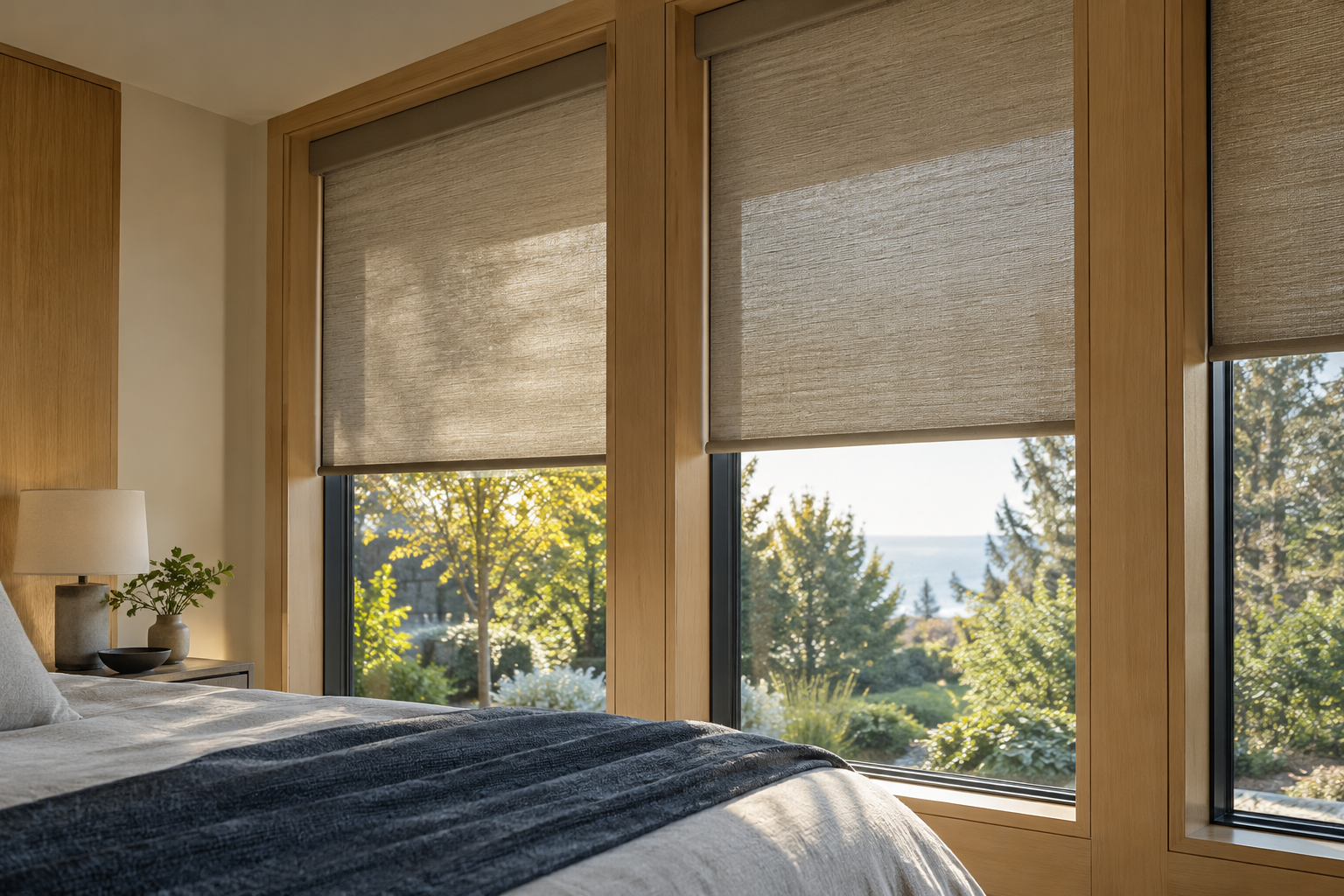 Concept of woven motorized roller shades filtering morning light into an oak-trimmed bedroom