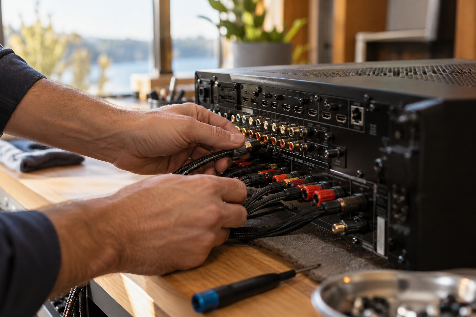 Concept of a technician checking an AV receiver cable connection on a workbench