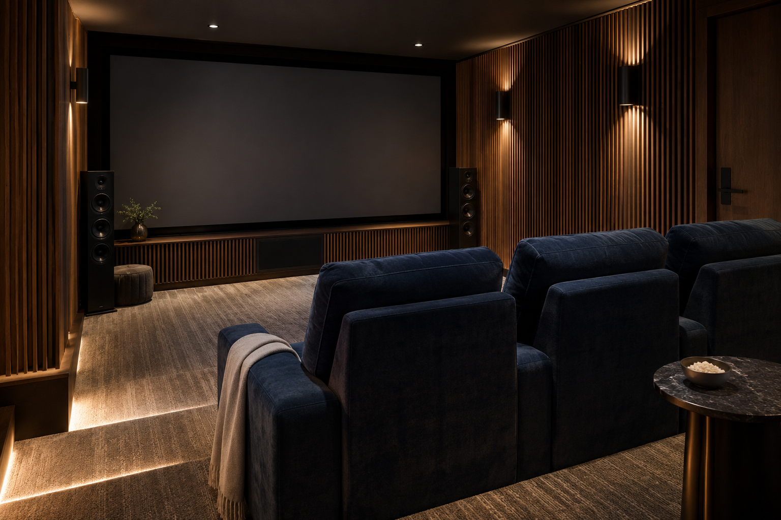 Concept of an intimate home cinema with navy seating, walnut acoustic walls and a projection screen